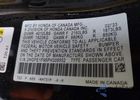 2023 Honda Civic Touring из США, поврежденный, VIN 2HGFE1F96PH309552